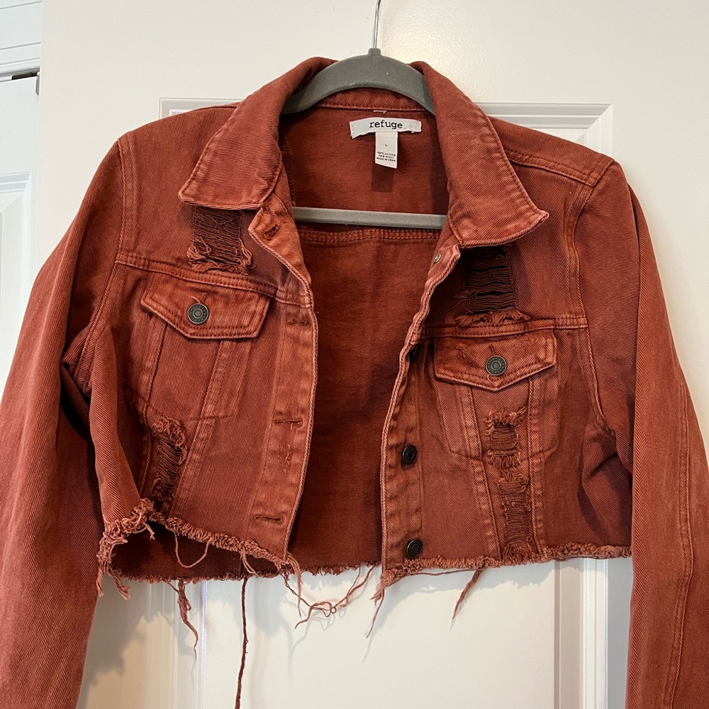 Distressed cropped denim jacket